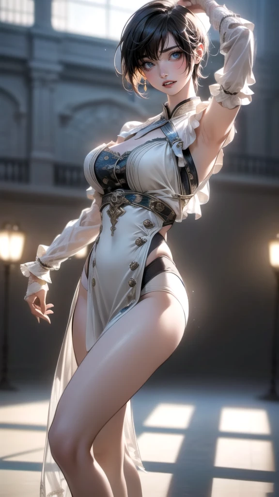 (Thin type),(large breasts),(random dance pose:1.5),(short hair),(Highest image quality,(8K), Ultra-realistic, Best Quality, High quality, High Definition, high quality texture, high detailing, Beautiful detailed, fine detailed, extremely details CG, Detailed texture, realistic representation of face, masterpiece, presence)