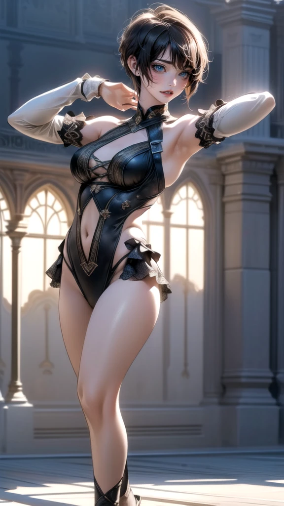 (Thin type),(large breasts),(random dance pose:1.5),(short hair),(Highest image quality,(8K), Ultra-realistic, Best Quality, High quality, High Definition, high quality texture, high detailing, Beautiful detailed, fine detailed, extremely details CG, Detailed texture, realistic representation of face, masterpiece, presence)