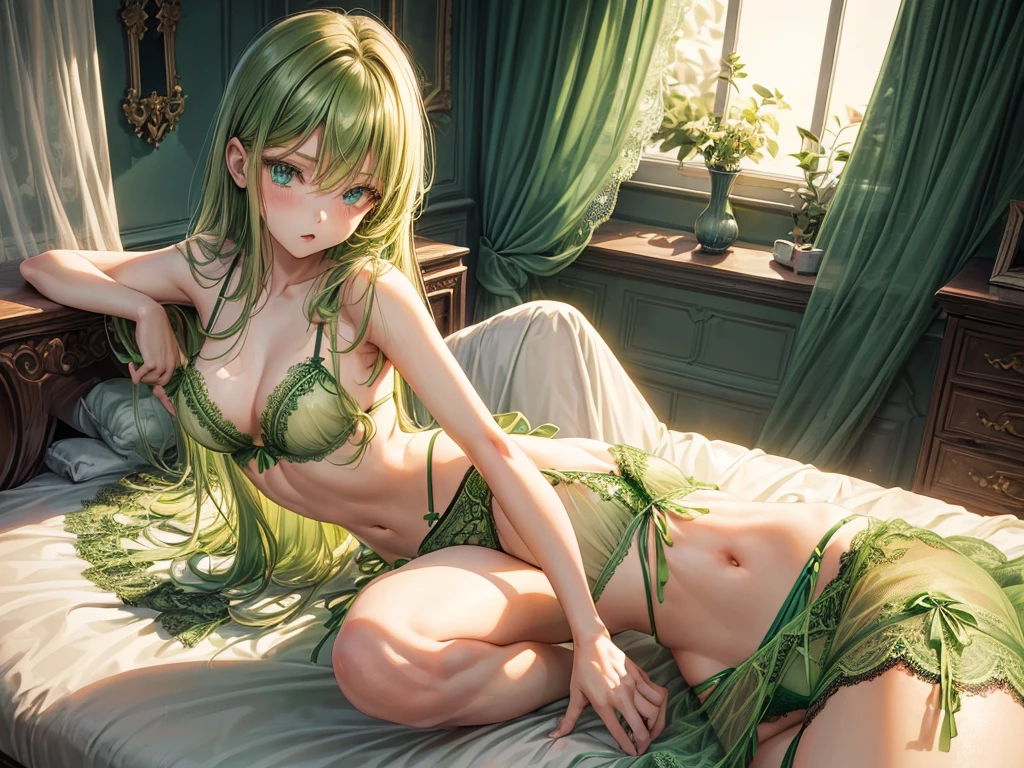 (depcit one little young girl), (((green lace panties and elegant green lingerie))), ((green panty transparent)), redhead, long hair, straight hair, blue eyes, thin , small breasts, (topless), nice hips, open shoulders, (((sassy))), back arched, she is on all fours on the couch,