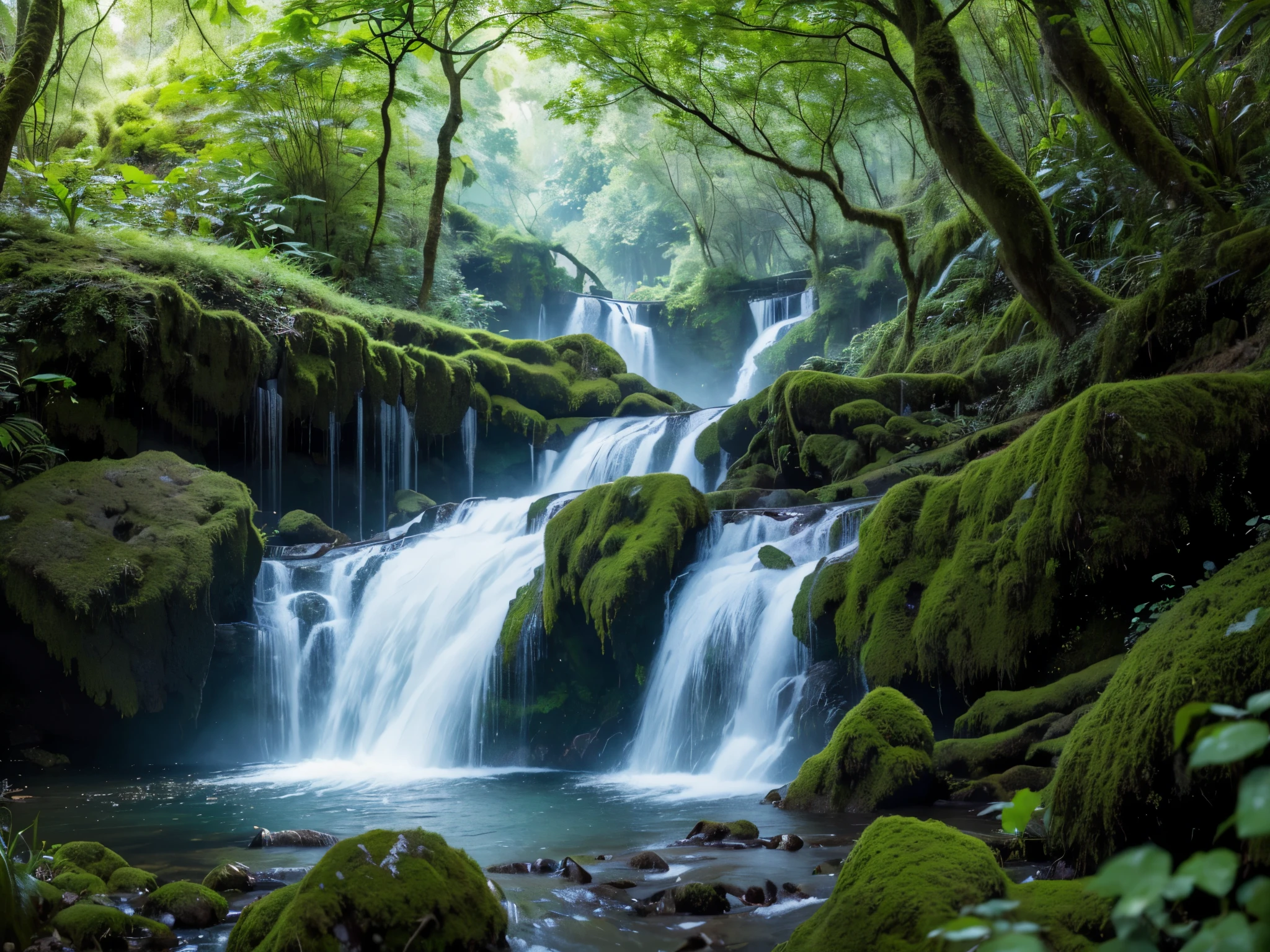 a breathtaking waterfall in a lush, verdant forest, (best quality,4k,8k,highres,masterpiece:1.2),ultra-detailed,(realistic,photorealistic,photo-realistic:1.37),dramatic lighting, dramatic shadows, intricate details, serene atmosphere, stunning natural beauty, intricate foliage, mossy rocks, crystal clear water, long exposure, dramatic cloudy sky, warm color palette