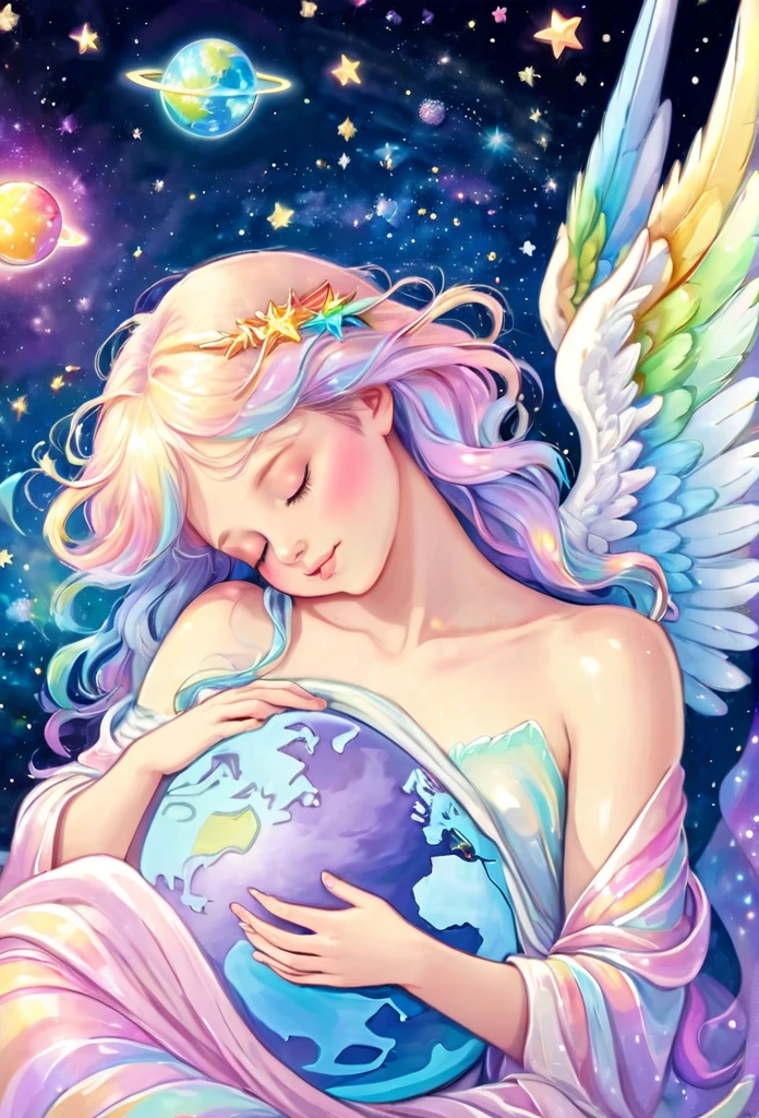 Beautiful angel sleeping happily holding the earth, outer space, pastel rainbow colored wings, shooting stars, fine pearl light