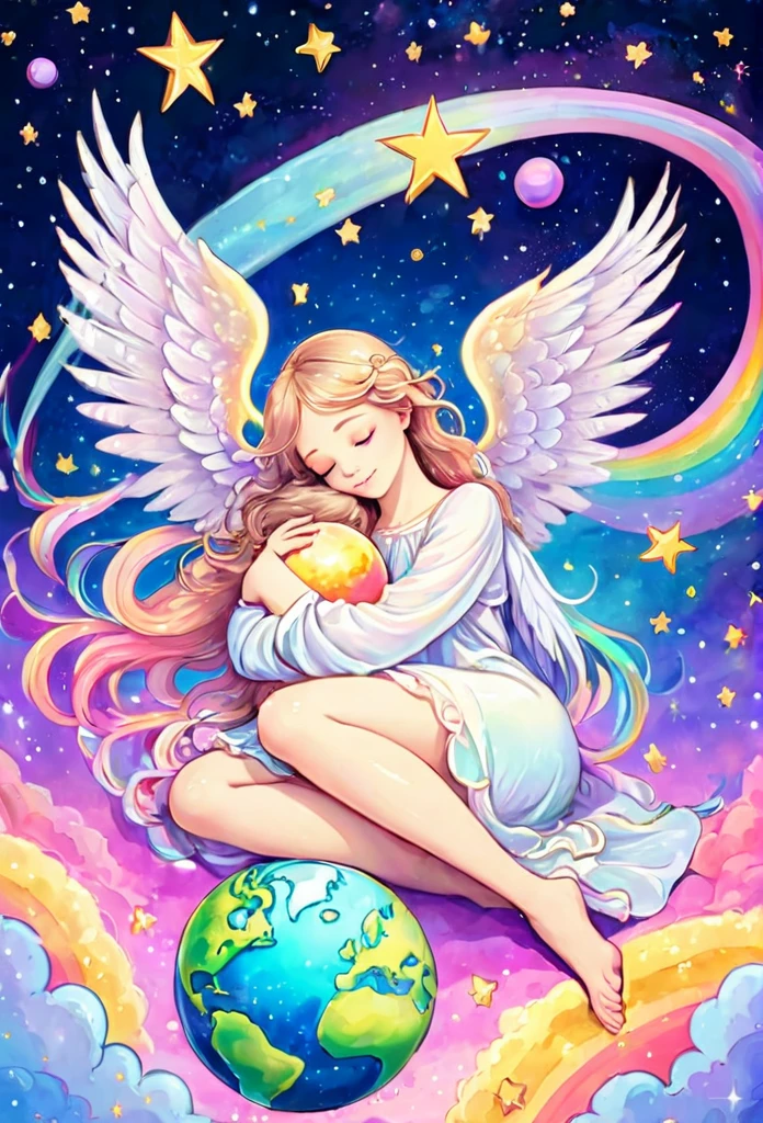 Beautiful angel sleeping happily holding the earth, outer space, pastel rainbow colored wings, shooting stars, fine pearl light