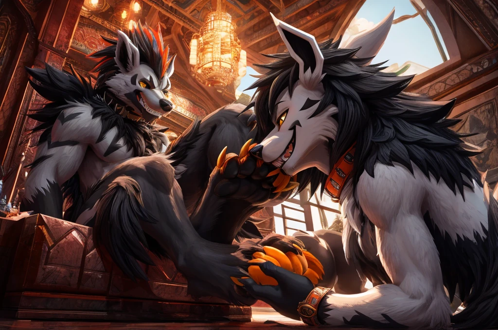 Macro Male Mightyena (pokemon), smug expression, big teeth, high contrast, 8k HD, detailed, hyper-detailed, primary fur Grey, secondary fur Black, yellow eyes, orange spiky collar, best quality, ultra high res, Bully, Teasing, Flirty, Being worshipped, Foot worship