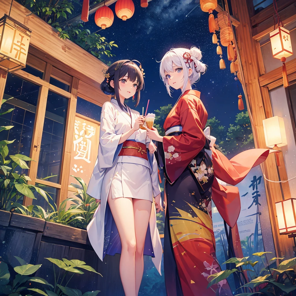Tanabata in the night sky Girls and men in Chinese style kimonos(lover) Bamboo forest and paper strips Have shaved ice restaurant Multiple display monitors in the background(anime ) Aquarium(Goldfish)