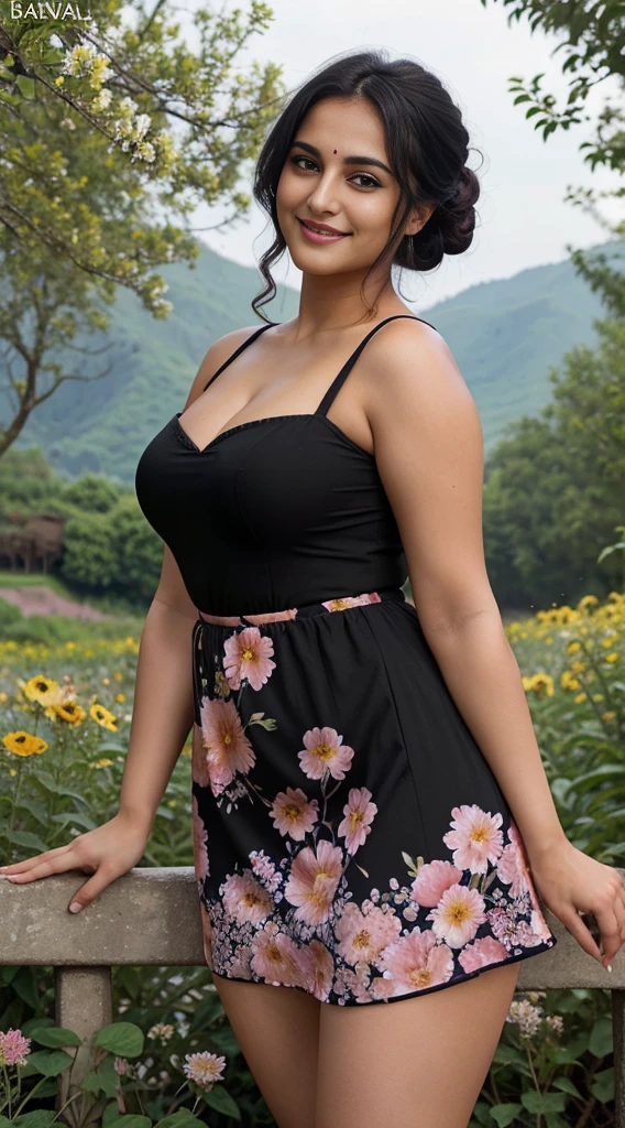 Jaya Prada 26 years old beautiful different face cute sexy Indian girl, curvy figure, beautiful different colorful short sexy' dress ,  big breast, different bun hairstyle, bright eyes, thin eyebrows, fair skin, blushing cheeks, head to thigh view, smiling face, Kamasutra expression, Straight front view standing beautiful flowers valley  background, ultra realistic, head to thigh view, black hair, Provocative eye Contact, glossy lips, raining night weather, attractive eye contract face, background beautiful sunny flower valley. 