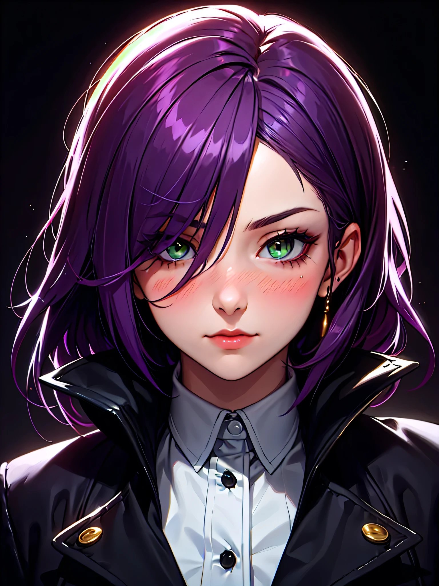 ((Portrait)), She has an Elegant, Purple-Haired Appearance, with Youthful Charm, Fair Skin, and a Muscular Build. She Expresses a Serious and Blushing Look, Giving Off an Introverted Attitude. She has Light Green Eyes, and Her Hair is Short and Neat, Dark Purple, with Strands Falling Over Her Face, Covering Her Eye. She Wears a Large Dark Winter Coat, with Tight-fitting Straps. ((Portrait, HDR, Dark Background))