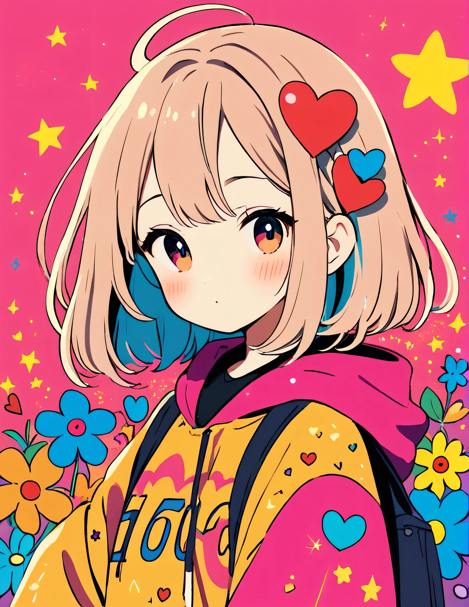 Mika Pikazo style, Simple Line Initialism,Abstract art,Kawaii Design, The most beautiful girl of all time、chibi, The background is star dust, colorful hearts, colorful flowers, (((nap)))