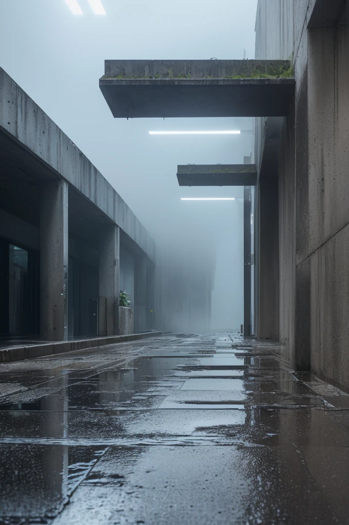 ((best quality)), ((wet asphalt)), (detailed), ((A brutalist construction)) ((with a fog)) ((low lighting with a bluish tone)) ((wet floor reflecting light )) ((liminal spaces)) ((wide and infinite)) ((afternoon but not so bright))
((ultra realisitic)) ((outside)) ((entrance ampla mas não tão grande)) ((light posts)) ((entrance))