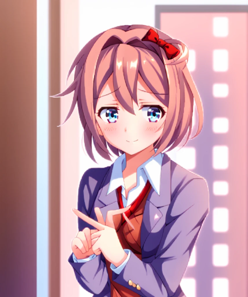 one girl, Sayori, DDLC, school blazer, hair bow, close to girl, light blue eyes, beautiful, index finders together, ashamed, blush, upward glance, dry smile, index finders, shifty eyes, girl focus