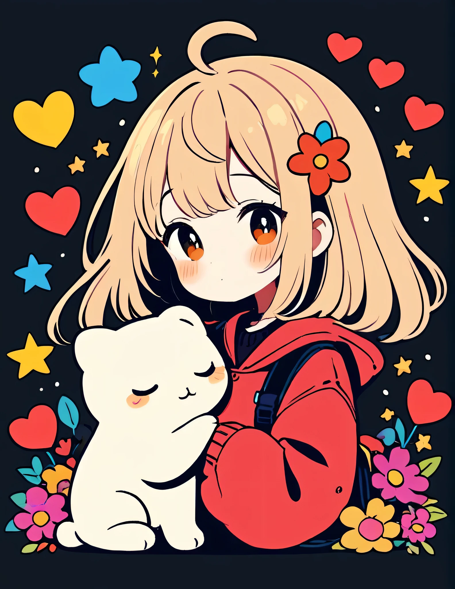 Mika Pikazo style, Simple Line Initialism，Abstract art，Kawaii Design, The most beautiful girl of all time、chibi, The background is star dust, colorful hearts, colorful flowers, (((nap)))