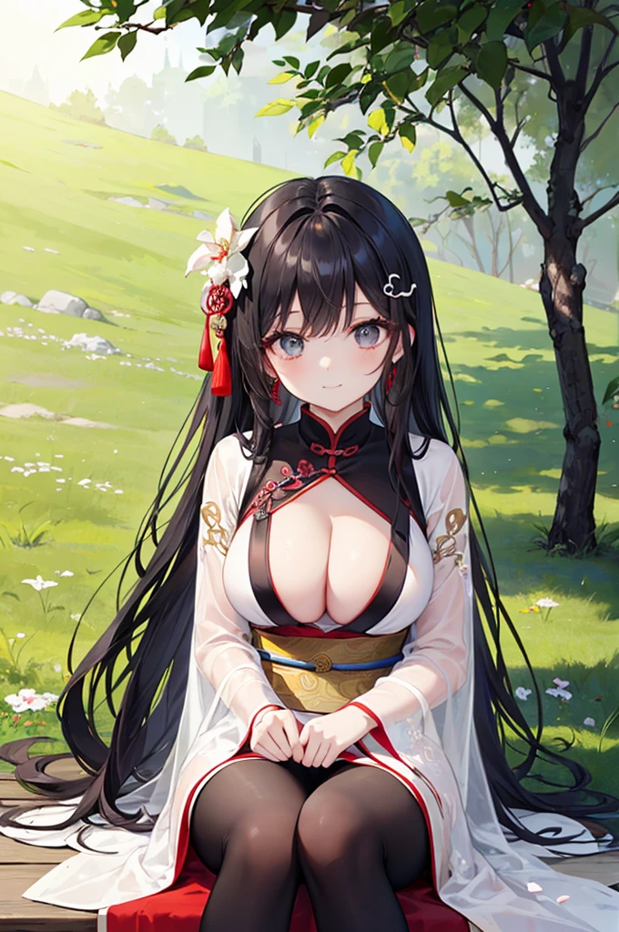 Beautiful Chinese girl，Wearing Hanfu，Wearing black stockings，（transparent），Black long hair，watcher，Upper Body，Sitting on the grass，Lovely，A slight smile on the face，Large bust，Beautiful breasts are long and straight，Prominent cleavage，（Slim legs:10.0)，Peerless Beauty，Wearing Chinese ancient jade hairpin jewelry，Red leg