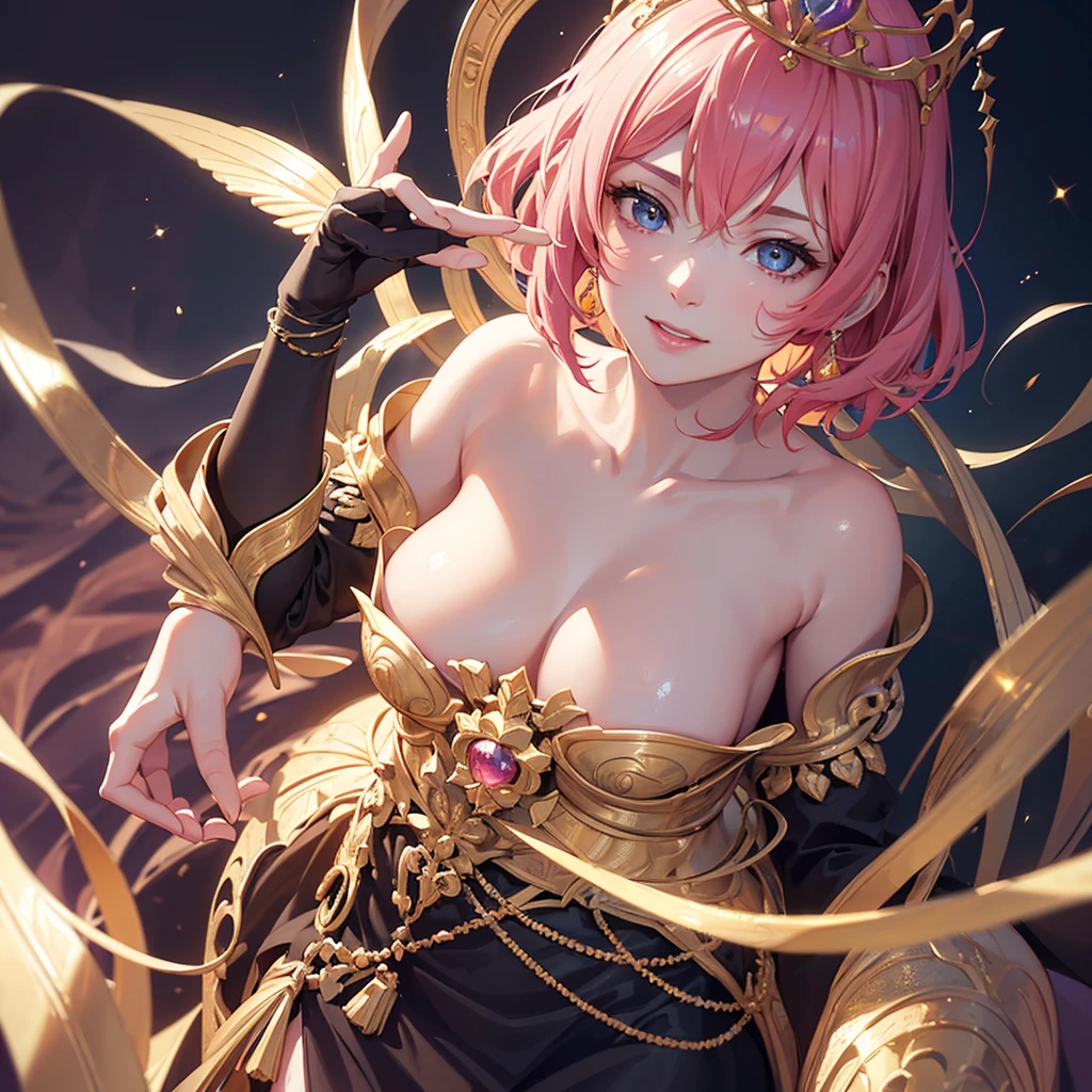a beautiful girl with pink short hair, angelic, wearing a black dress, a crown on her head, smiling, the queen, noble, fingers with 5 sparkling claws, (best quality,4k,8k,highres,masterpiece:1.2),ultra-detailed,(realistic,photorealistic,photo-realistic:1.37),intricate details,exquisite texture, chiaroscuro lighting,fantasy portrait,dramatic lighting,radiant colors,rich contrasts,delicate features,ethereal presence