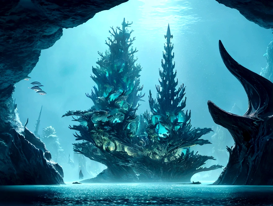 "A fantastical and serene deep-sea city scene viewed from the ocean floor looking up towards the water surface. The city is very large with futuristic buildings, domes, and spires, completely submerged in clear emerald green water. The scene has a magical and tranquil atmosphere, with soft glowing lights illuminating the city. The water is deep, creating a darker and more mysterious environment. In the background, the silhouette of a whale can be seen. The city is surrounded by vibrant marine life and coral formations. The image is high-resolution and realistic, capturing the enchanting beauty of the underwater city. The aspect ratio is 16:9."