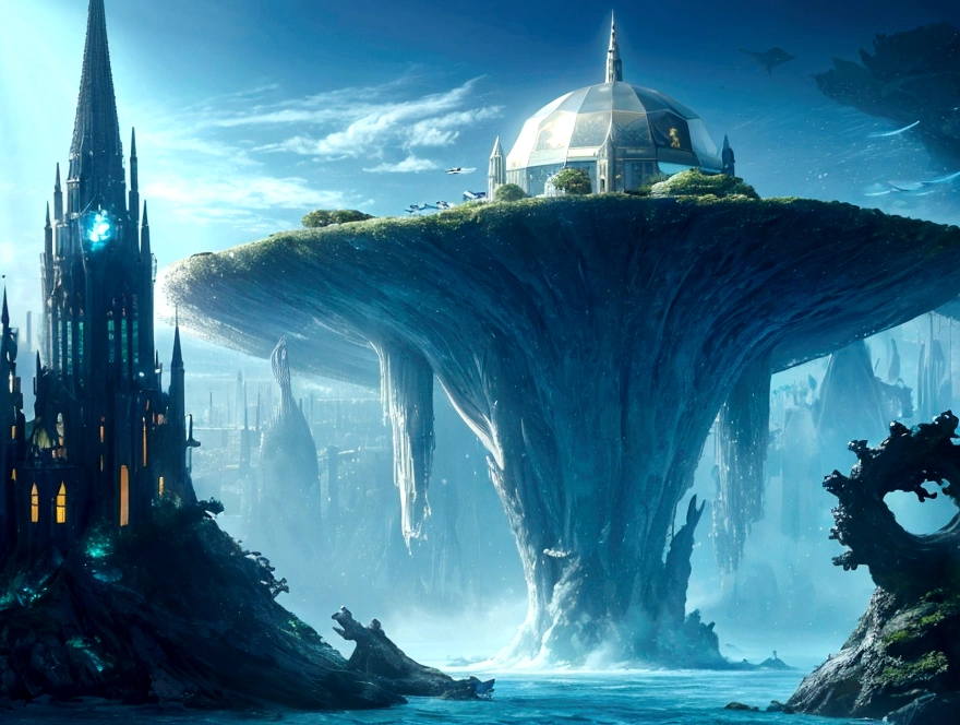 "A fantastical and serene deep-sea city scene viewed from the ocean floor looking up towards the water surface. The city is very large with futuristic buildings, domes, and spires, completely submerged in clear emerald green water. The scene has a magical and tranquil atmosphere, with soft glowing lights illuminating the city. The water is deep, creating a darker and more mysterious environment. In the background, the silhouette of a whale can be seen. The city is surrounded by vibrant marine life and coral formations. The image is high-resolution and realistic, capturing the enchanting beauty of the underwater city. The aspect ratio is 16:9."