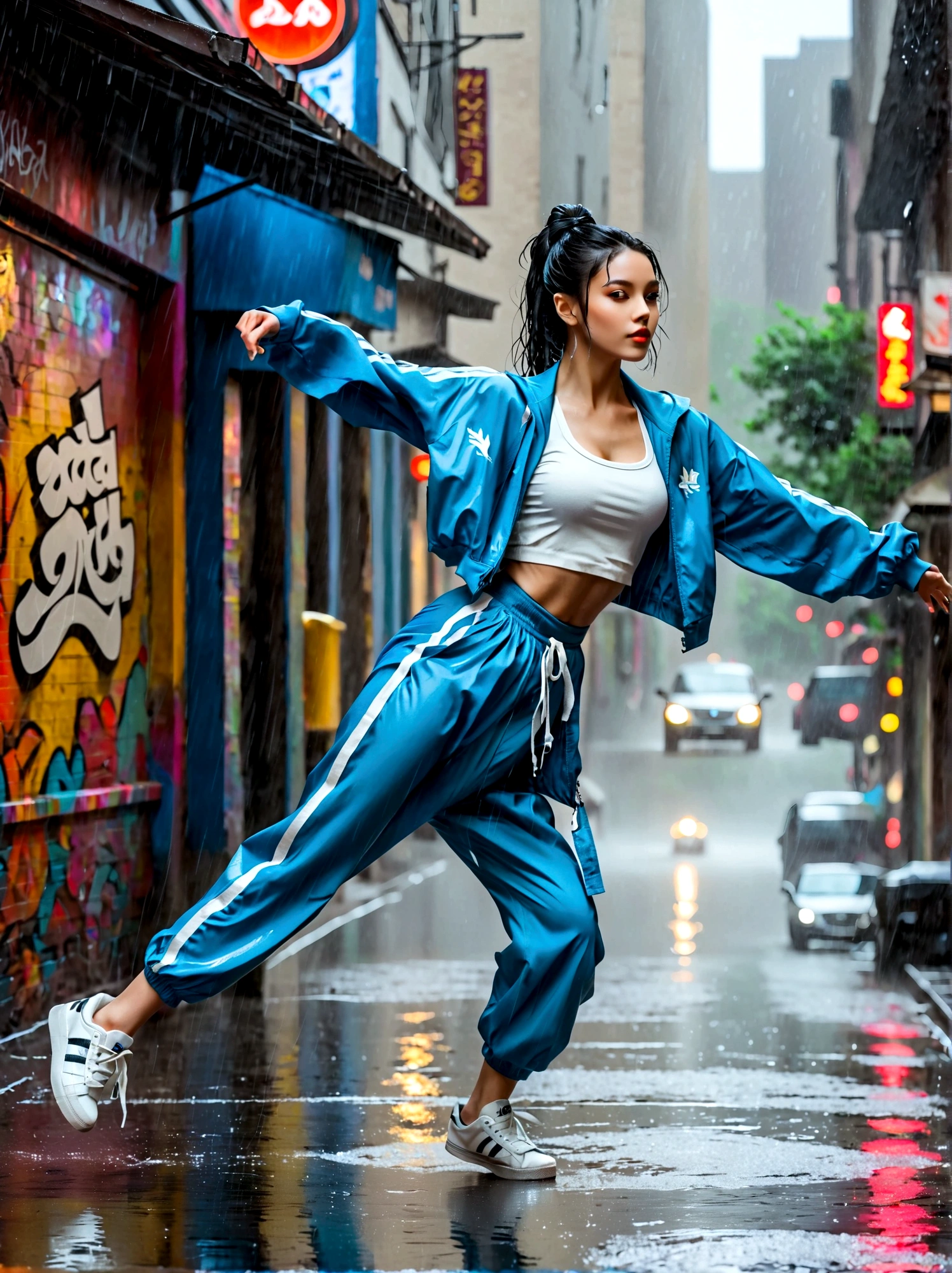 A girl full of energy，Showing off her breakdancing skills on a graffiti-covered urban dance floor，She was barefoot，Loose and comfortable clothes，Perfect for dancing，Her black hair was tied into a high ponytail.，One hand rotation，Spin your feet in the air，In the heavy rain，The scene is filled with cold rain，The audience was impressed，She performed a complex move with ease.，The energy she captures is palpable，The air is filled with the rhythm of street music