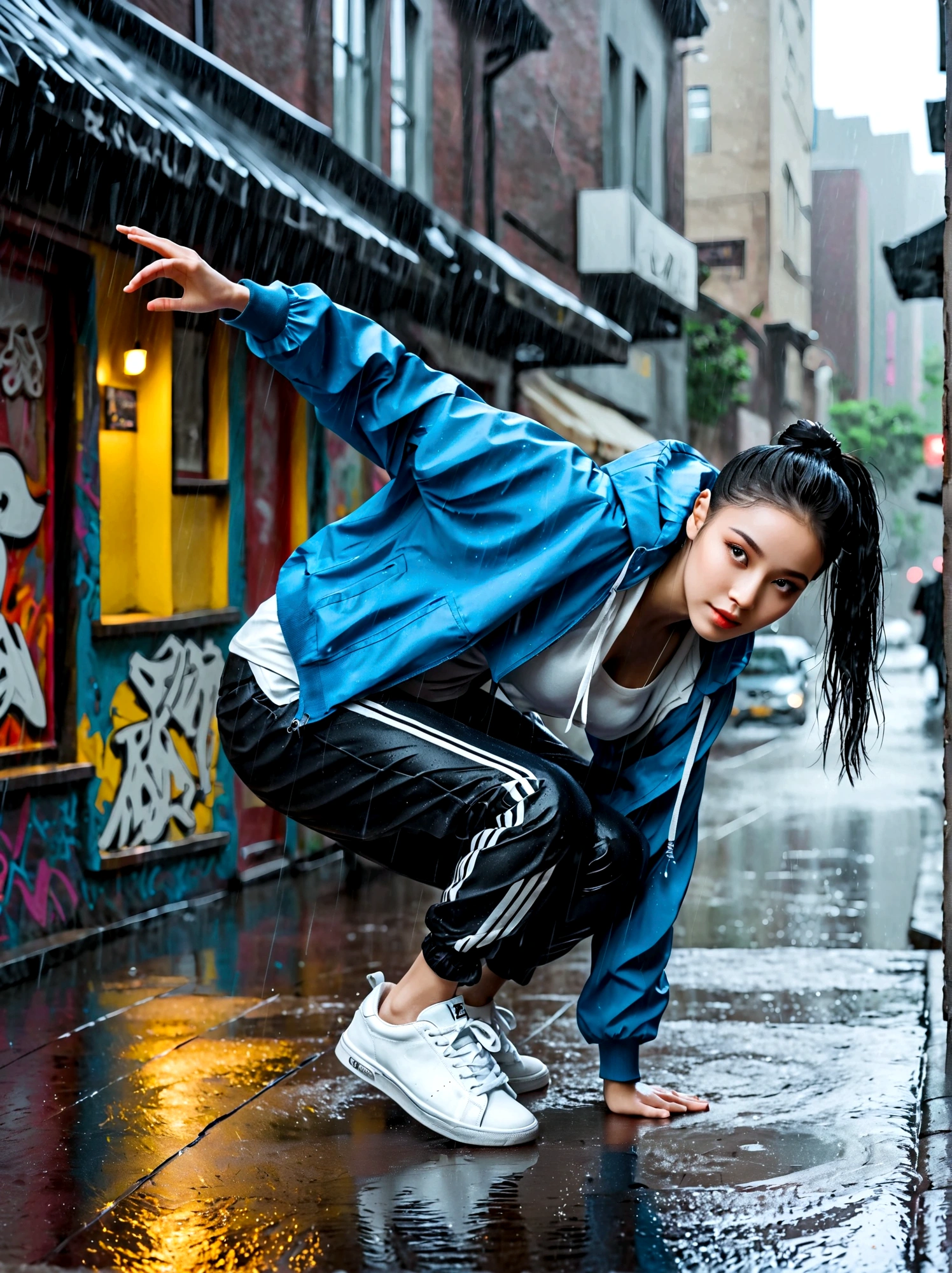A girl full of energy,Showing off her breakdancing skills on a graffiti-covered urban dance floor,She was barefoot,Loose and comfortable clothes,Perfect for dancing,Her black hair was tied into a high ponytail.,One hand rotation,Spin your feet in the air,(heavy rain:1.5),(The scene is filled with cold rain),The audience was impressed,She performed a complex move with ease.,The energy she captures is palpable,The air is filled with the rhythm of street music