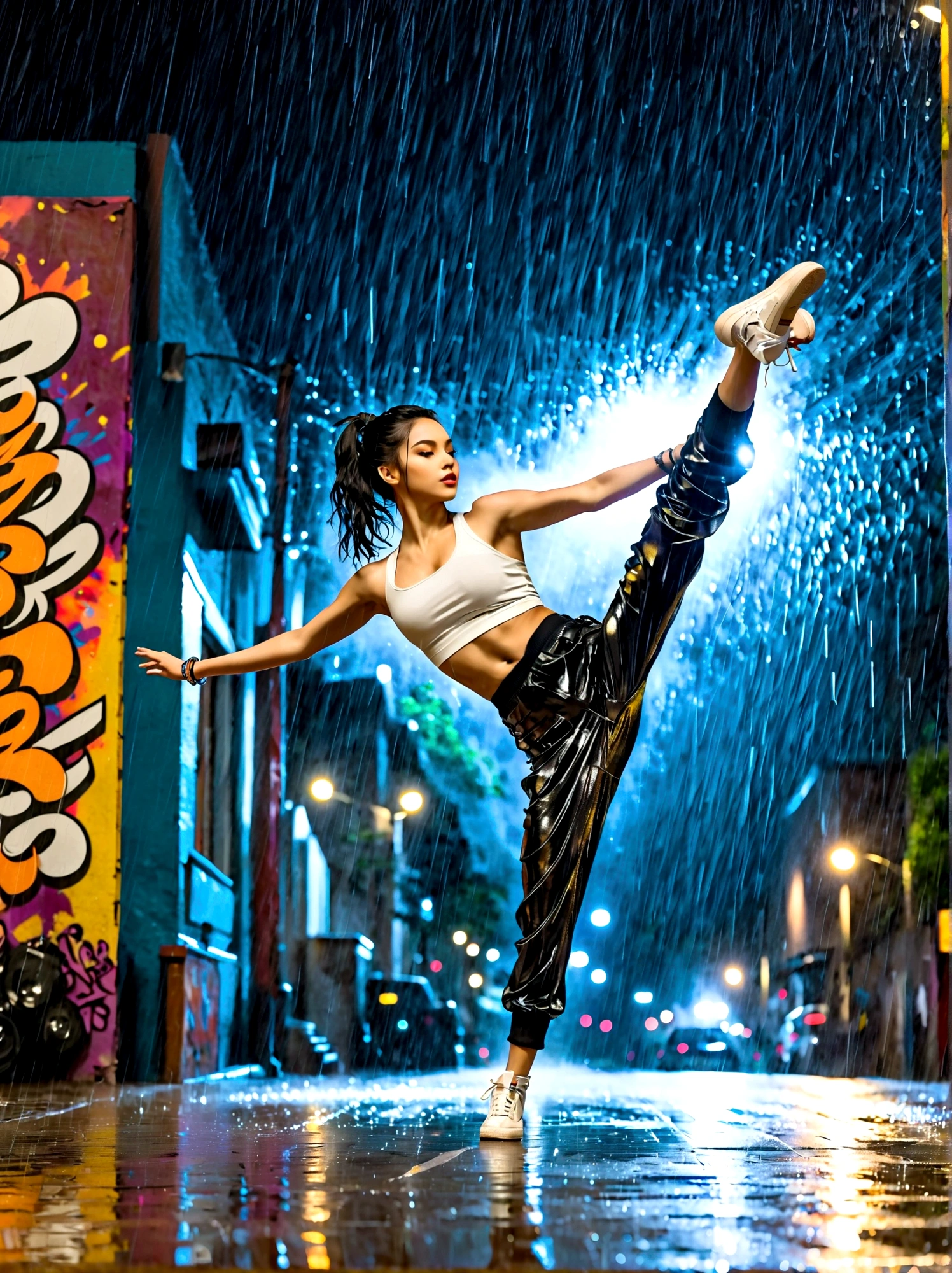 A girl full of energy，Showing off her breakdancing skills on a graffiti-covered urban dance floor，She was barefoot，Loose and comfortable clothes，Perfect for dancing，Her black hair was tied into a high ponytail.，One hand rotation，Spin your feet in the air，In the heavy rain，The scene is filled with cold rain，The audience was impressed，She performed a complex move with ease.，The energy she captures is palpable，The air is filled with the rhythm of street music