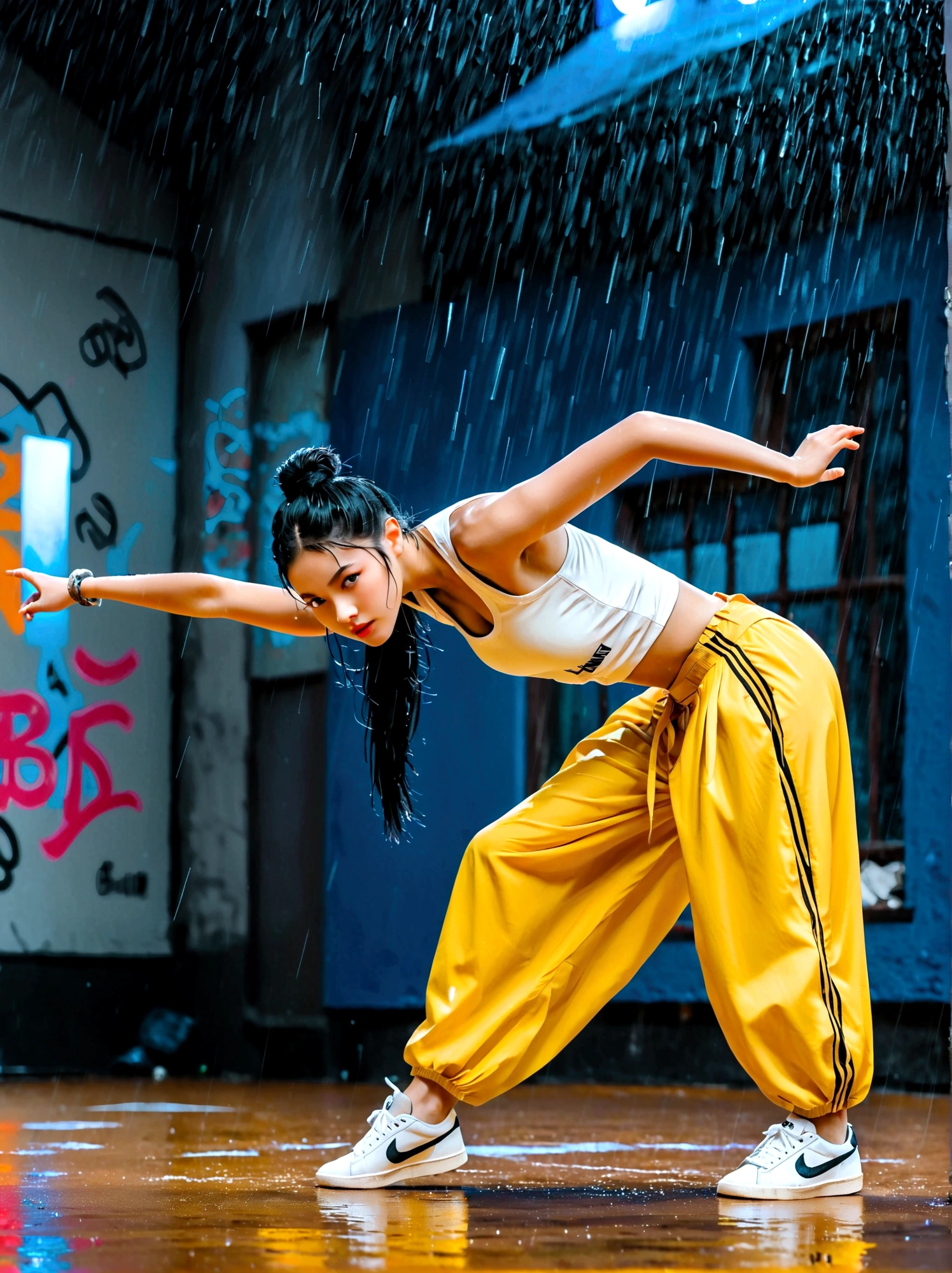 A girl full of energy，Showing off her breakdancing skills on a graffiti-covered urban dance floor，She was barefoot，Loose and comfortable clothes，Perfect for dancing，Her black hair was tied into a high ponytail.，One hand rotation，Spin your feet in the air，In the heavy rain，The scene is filled with cold rain，The audience was impressed，She performed a complex move with ease.，The energy she captures is palpable，The air is filled with the rhythm of street music