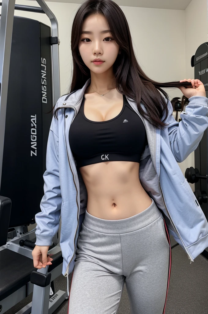Korean girl wearing a Gym outfit and pants and jacket with a clear Belly button and cleavage