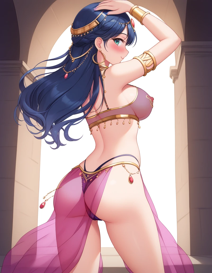 1girl, feminine and girly, thong, background, blush, see-through belly dancer outfit, big butt, belly dancer, innocent and cute girl, the girl is about 20 years old, butt, dancing, arabic harem, see-through silk, gold jewelry, (see-through silk clothes), arabic harem interior, long hair, ass sway, motion lines, see-through top, cameltoe, arabic harem interior, view from behind, pert ass, big ass, (large breasts), wide hips,