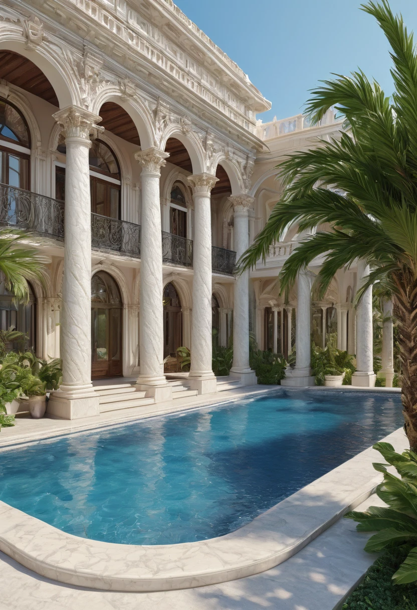 a close up of a house with a pool and a palm tree, mediterranean architecture, luxury lifestyle, ornate retreat, incredible masterpiece, luxury architecture, extremely opulent, luxury castle, neo - classical style, incredibly beautiful, hyper luxurious, with palm trees and columns, neoclassical style, stunning render, exquisite architecture, luxurious environment, architectural visualization, stunning grand architecture, architectural rendering