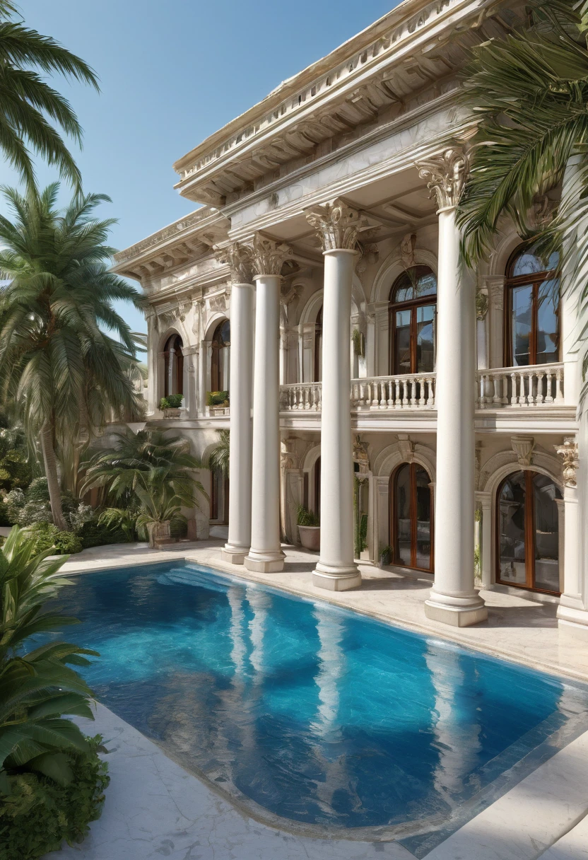 a close up of a house with a pool and a palm tree, mediterranean architecture, luxury lifestyle, ornate retreat, incredible masterpiece, luxury architecture, extremely opulent, luxury castle, neo - classical style, incredibly beautiful, hyper luxurious, with palm trees and columns, neoclassical style, stunning render, exquisite architecture, luxurious environment, architectural visualization, stunning grand architecture, architectural rendering
