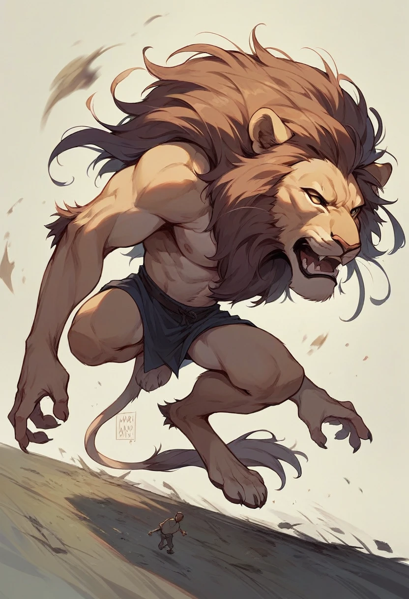 A four-eyed, human-like creature, 10 meters tall, was chasing a lion.