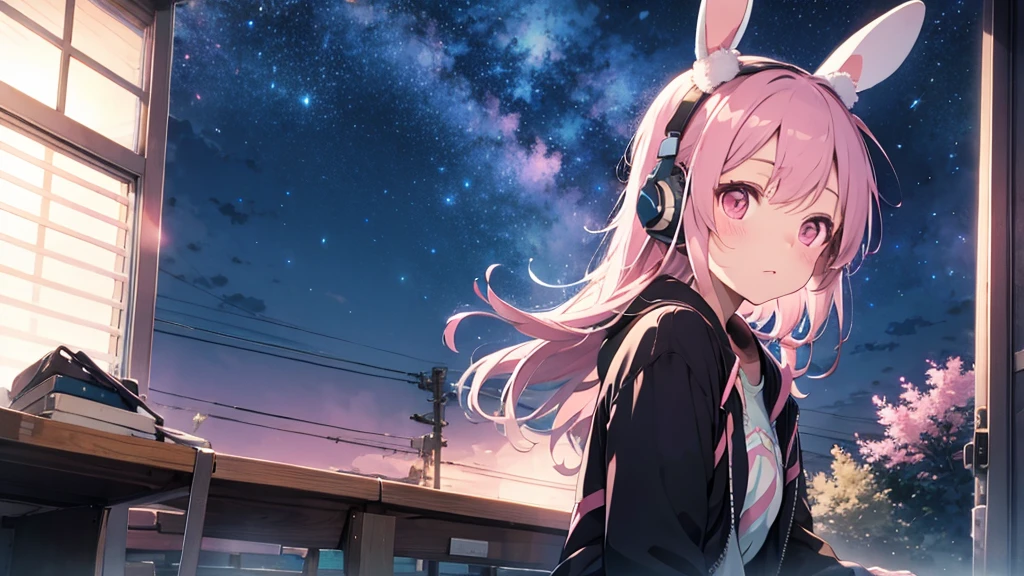 Highest quality, pretty girl, pastel colour, Fluffy bunny ears, Pink long hair,Pale pink eyes,You can see the starry sky from the window,Chill Pop,Lo-Fi,Pink headphones