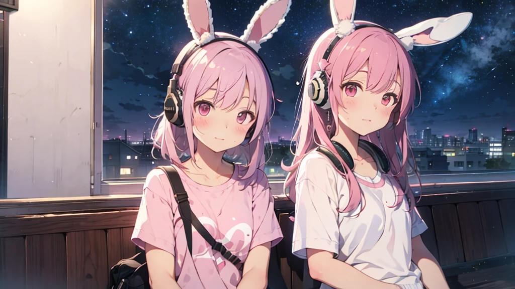 Highest quality, pretty girl, pastel colour, Fluffy bunny ears, Pink long hair,Pale pink eyes,You can see the starry sky from the window,Chill Pop,Lo-Fi,Pink headphones