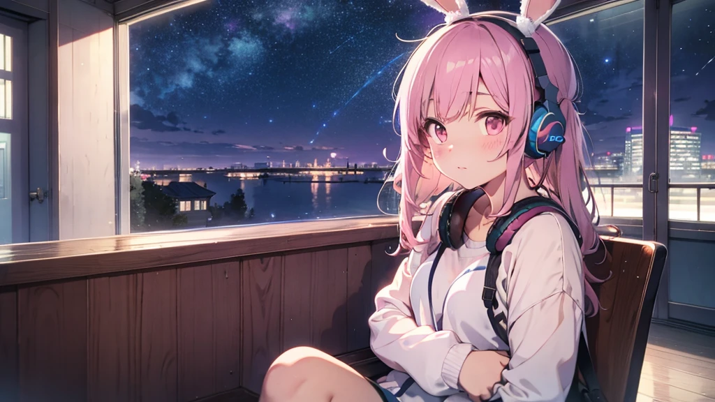 Highest quality, pretty girl, pastel colour, Fluffy bunny ears, Pink long hair,Pale pink eyes,You can see the starry sky from the window,Chill Pop,Lo-Fi,Pink headphones