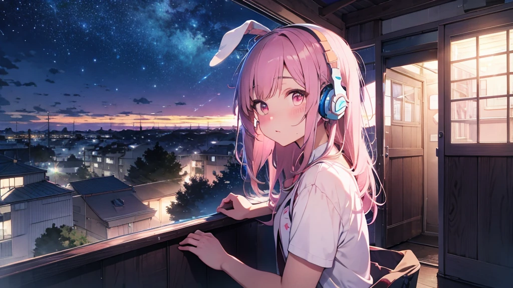 Highest quality, pretty girl, pastel colour, Fluffy bunny ears, Pink long hair,Pale pink eyes,You can see the starry sky from the window,Chill Pop,Lo-Fi,Pink headphones