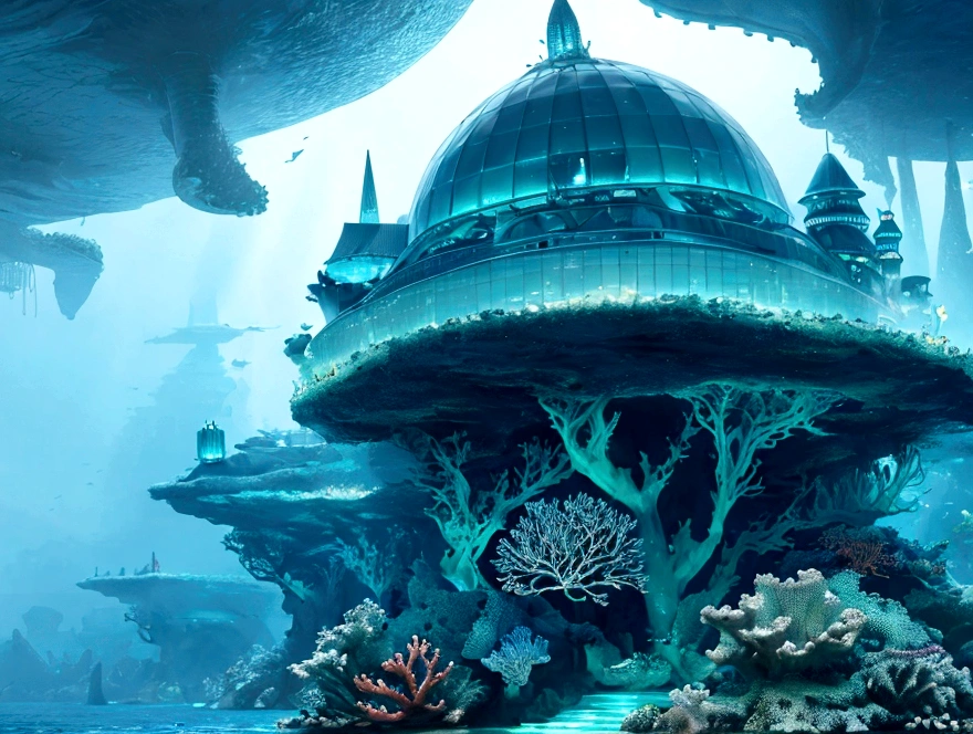 "A fantastical and serene deep-sea city scene viewed from the ocean floor looking up towards the water surface. The city is very large with futuristic buildings, domes, and spires, completely submerged in clear emerald green water. The scene has a magical and tranquil atmosphere, with soft glowing lights illuminating the city. The water is deep, creating a darker and more mysterious environment. In the background, the silhouette of a whale can be seen. The city is surrounded by vibrant marine life and coral formations. The image is high-resolution and realistic, capturing the enchanting beauty of the underwater city. The aspect ratio is 16:9."