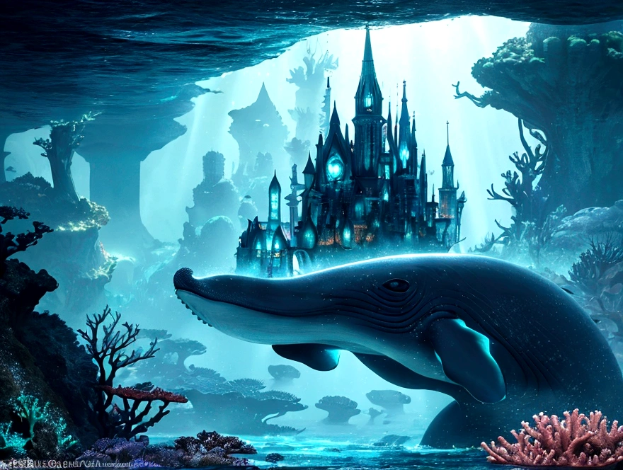 "A fantastical and serene deep-sea city scene viewed from the ocean floor looking up towards the water surface. The city is very large with futuristic buildings, domes, and spires, completely submerged in clear emerald green water. The scene has a magical and tranquil atmosphere, with soft glowing lights illuminating the city. The water is deep, creating a darker and more mysterious environment. In the background, the silhouette of a whale can be seen. The city is surrounded by vibrant marine life and coral formations. The image is high-resolution and realistic, capturing the enchanting beauty of the underwater city. The aspect ratio is 16:9."