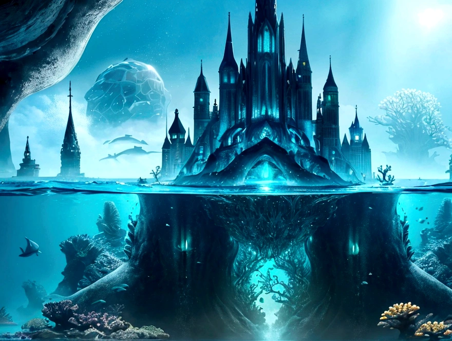 "A fantastical and serene deep-sea city scene viewed from the ocean floor looking up towards the water surface. The city is very large with futuristic buildings, domes, and spires, completely submerged in clear emerald green water. The scene has a magical and tranquil atmosphere, with soft glowing lights illuminating the city. The water is deep, creating a darker and more mysterious environment. In the background, the silhouette of a whale can be seen. The city is surrounded by vibrant marine life and coral formations. The image is high-resolution and realistic, capturing the enchanting beauty of the underwater city. The aspect ratio is 16:9."