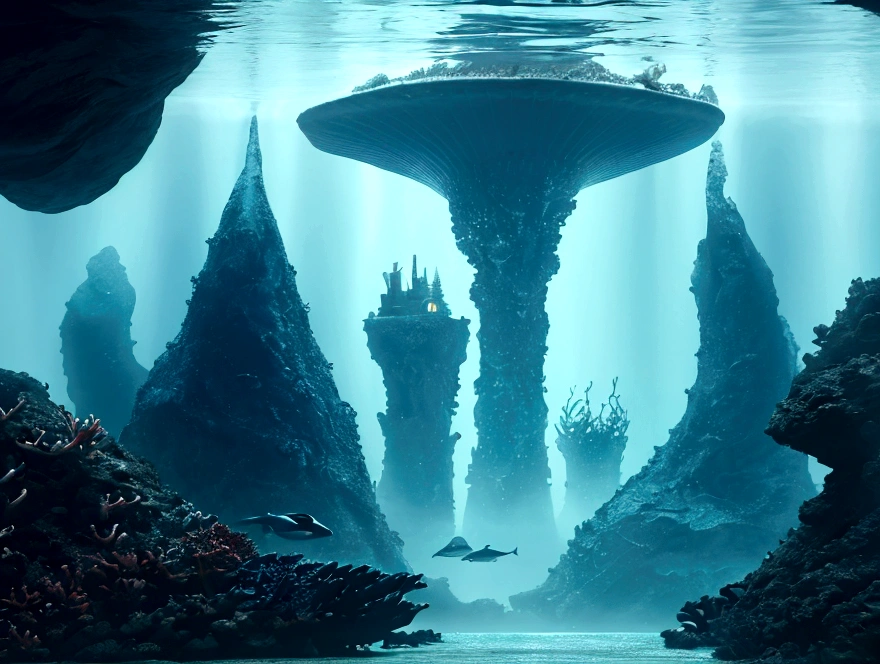 "A fantastical and serene deep-sea city scene viewed from the ocean floor looking up towards the water surface. The city is very large with futuristic buildings, domes, and spires, completely submerged in clear emerald green water. The scene has a magical and tranquil atmosphere, with soft glowing lights illuminating the city. The water is deep, creating a darker and more mysterious environment. In the background, the silhouette of a whale can be seen. The city is surrounded by vibrant marine life and coral formations. The image is high-resolution and realistic, capturing the enchanting beauty of the underwater city. The aspect ratio is 16:9."