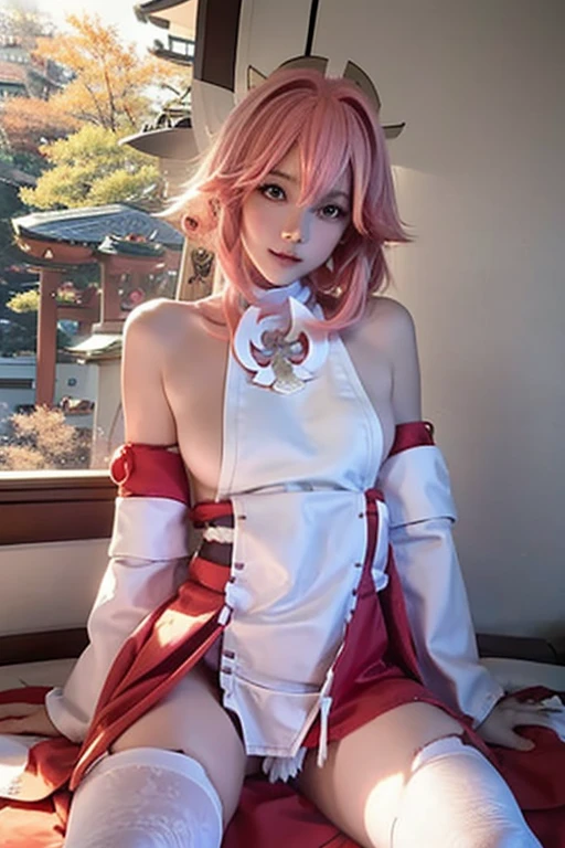 Japanese female student, no clothes, white stockings, small breasts, sitting with her pussy open, her pussy bleeding, short white hair.