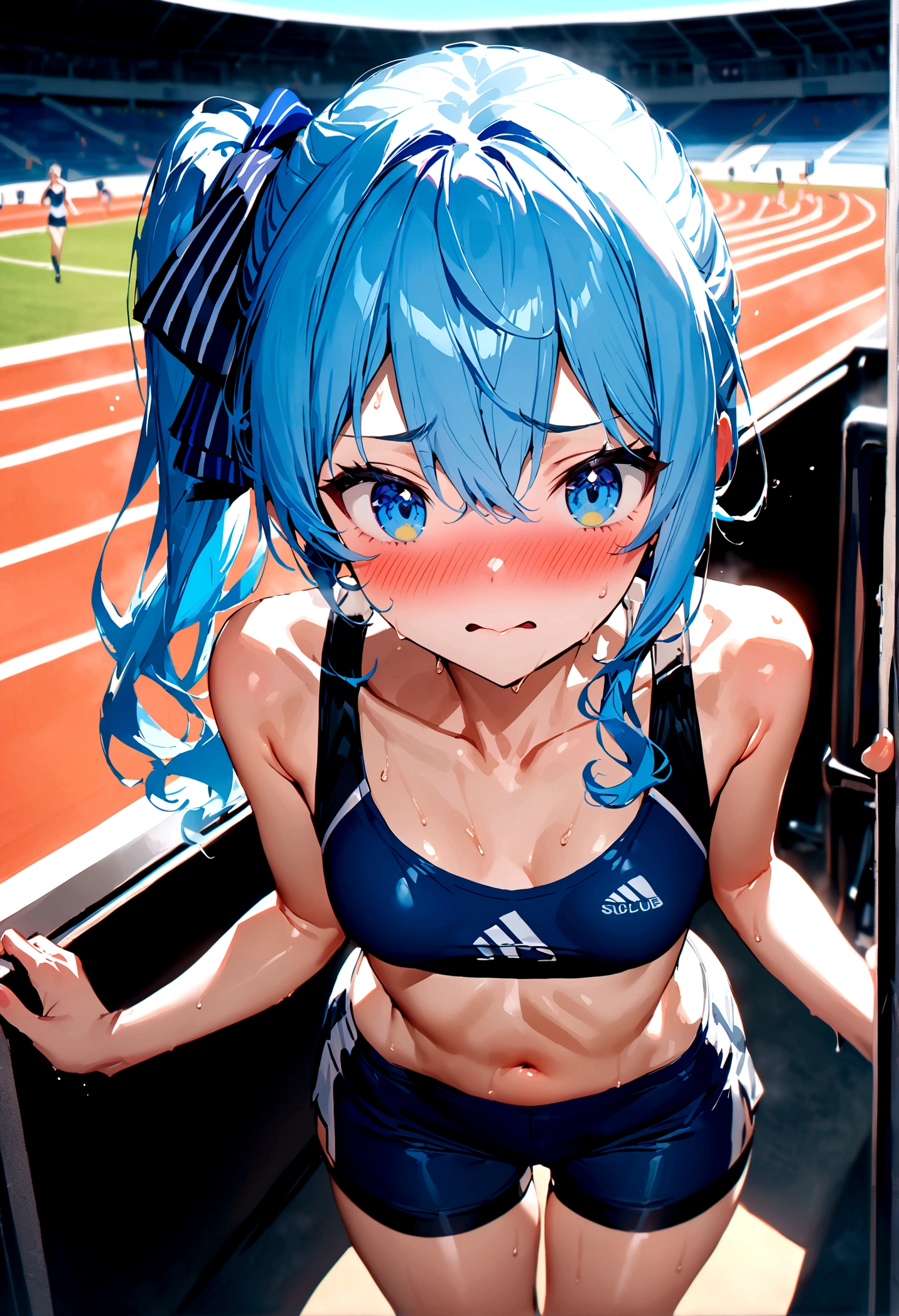 NSFW,masterpiece,Highest quality,High resolution,Super detailed,Star Town Suisei\(Hololive\),Blue Hair,One Side Ponytail,Blue Eyes,Small breasts,Track and field club,Descente Bra Top,Descente One Point Shorts,Streaks,Athletics Stadium,truck,Embarrassed,blush,(In heat),Expecting face