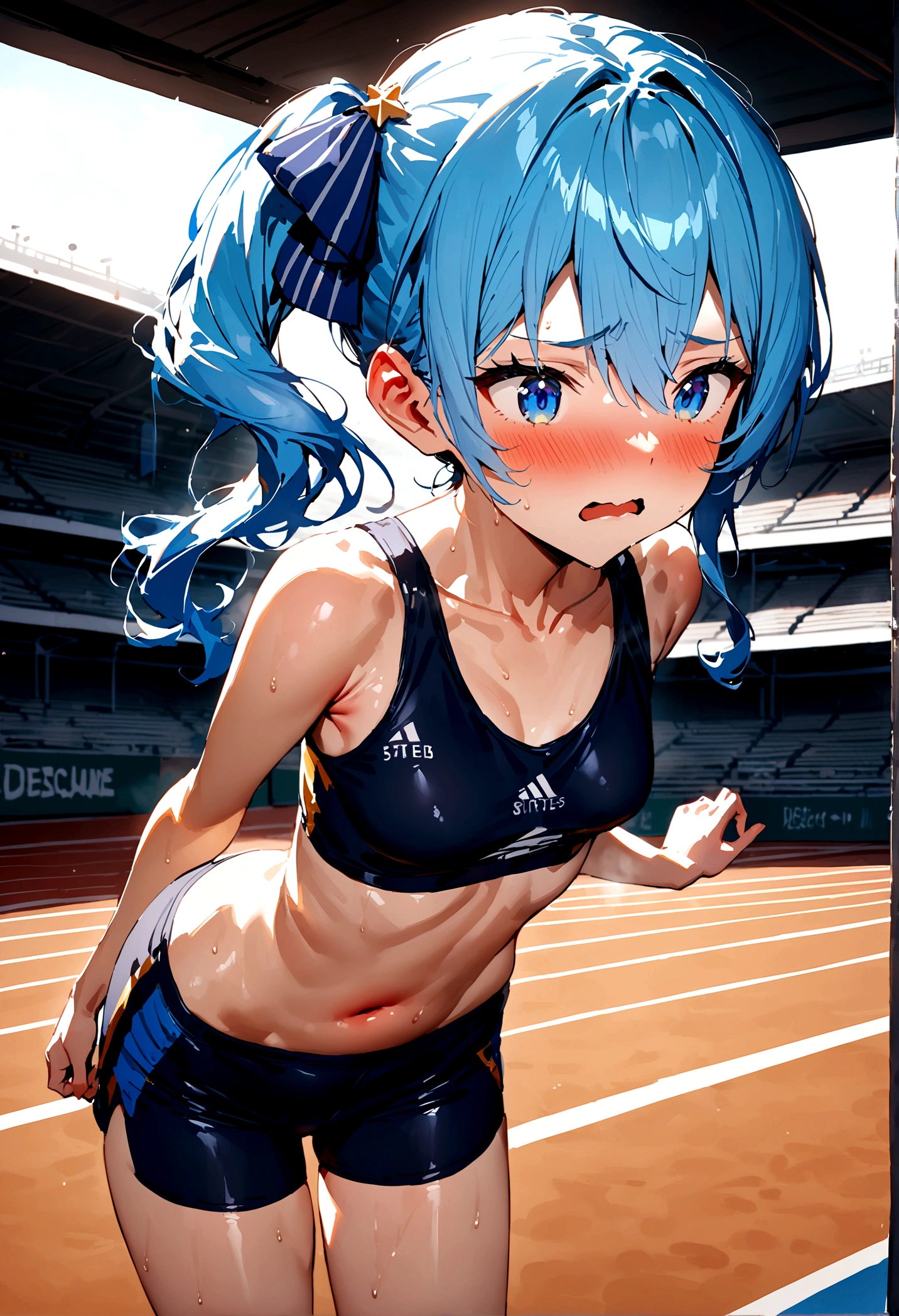 NSFW,masterpiece,Highest quality,High resolution,Super detailed,Star Town Suisei\(Hololive\),Blue Hair,One Side Ponytail,Blue Eyes,Small breasts,Track and field club,Descente Bra Top,Descente One Point Shorts,Streaks,Athletics Stadium,truck,Embarrassed,blush,(In heat),Expecting face