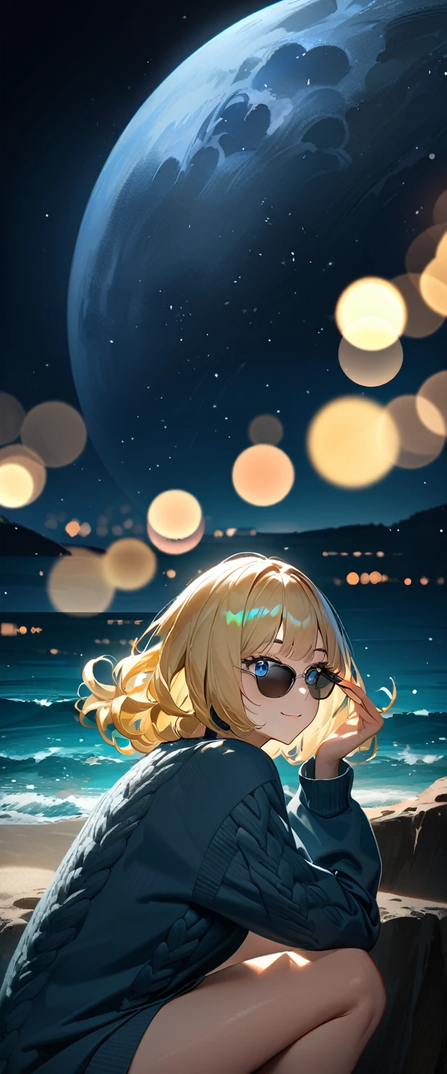 (((A night sky stretching under a full moon, stars shining and reflecting on the sea surface)), ((bare legs)), (((sunglasses, hand to sunglasses))), (((Aran sweater))), from side, upper body, ((sitting on the very high cliff)), ((wavy hair, inward curled hair)), ((sea, beach)), ((blond hair, bob cut:1.3)), breasts, ager, (looking at viewer), oversized clothes, puffy long sleeves, ((off-shoulder sweater:1.3, Quite thick shoulder straps)), ((black sweater)), collarbone, head tilt:1.3, (((blue eyes))), ((happy smile)), (((anime style))), (best quality, 4K, 8K, highres, masterpiece:1.2, ultra-detailed, ultra-detailed eyes, HDR, uhd, studio lighting, ultra-fine painting, sharp focus, physically-based rendering, extreme detail description, professional, vivid colors, bokeh)