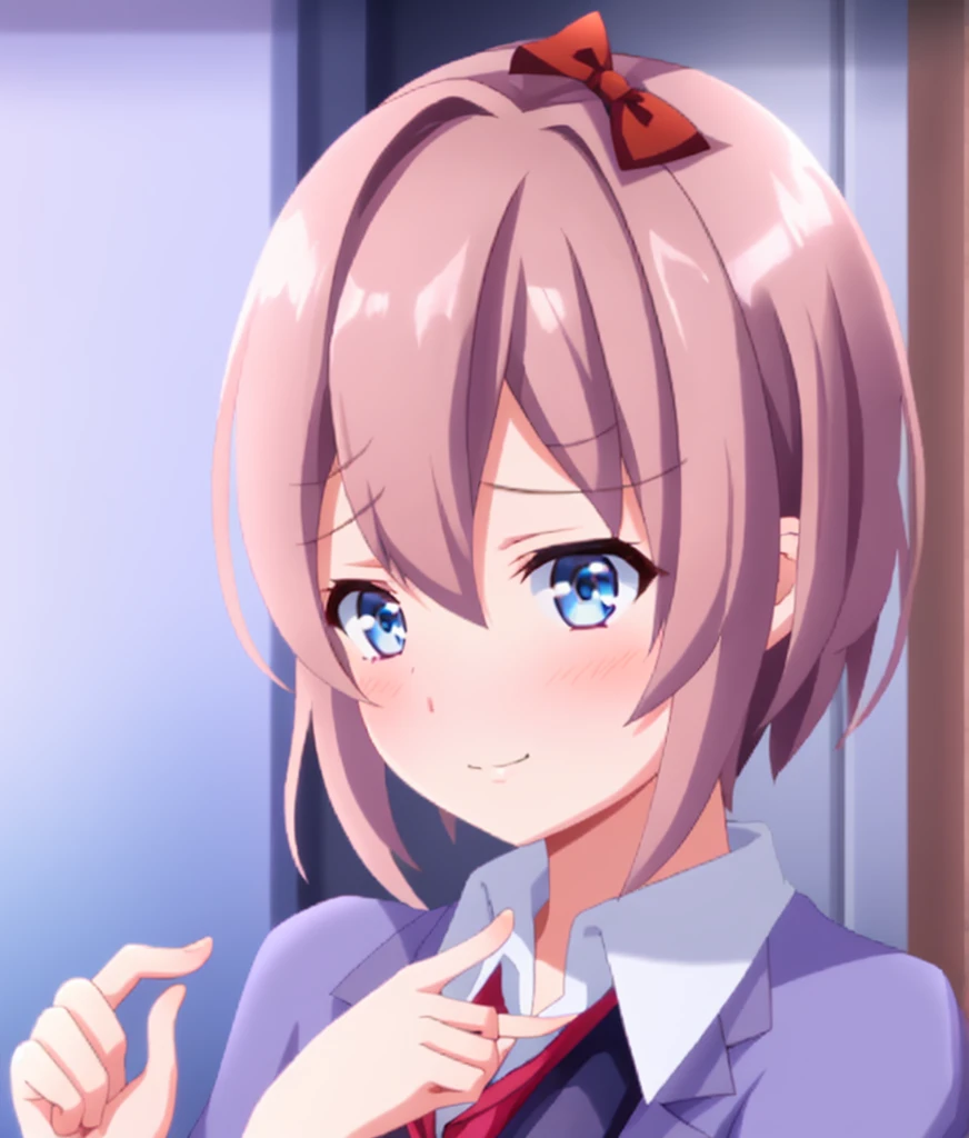 one girl, Sayori, DDLC, school blazer, hair bow, close to girl, light blue eyes, beautiful, index finders together, ashamed, blush, upward glance, dry smile, index finders, shifty eyes, girl focus