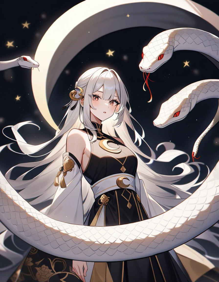 22 years old, Snake , beautiful, White Hair, Crescent moon motif