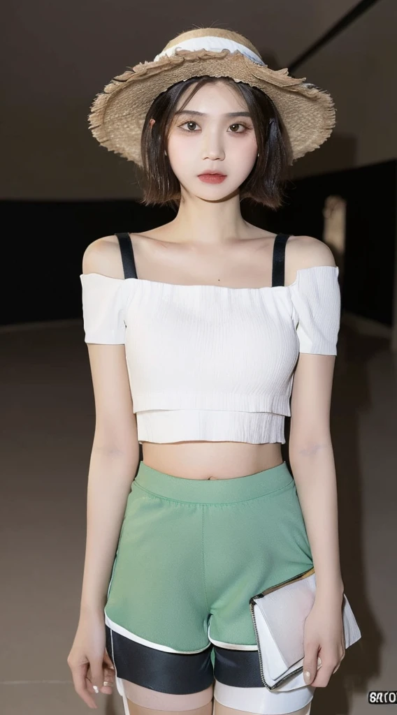 ((best quality, 8K, Masterpiece: 1.3)), (flower hat: 1.3), Point of interest: 1.2, perfect body beauty: 1.4, bottom: 1.2, (Layered haircut: 1.2)), (dark road: 1.3), Highly detailed facial and skin textures, full body, delicate eyes, Double eyelids, Whiter skin, long hair, (round face: 1.5), (Loose crop top, shorts: 1.6)