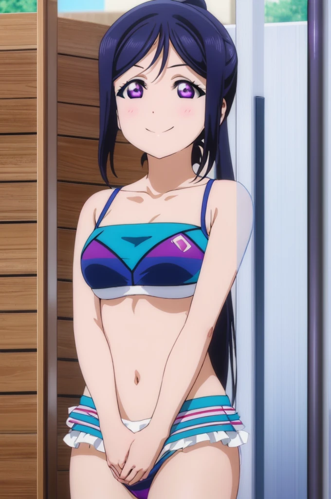 (((pixel-perfect, detail-perfect))), solo, 1girl, kanan matsuura, smile, eyes violet, hair blue, sauna pool, bikini, armpit, medium filesize, ultra High Qality