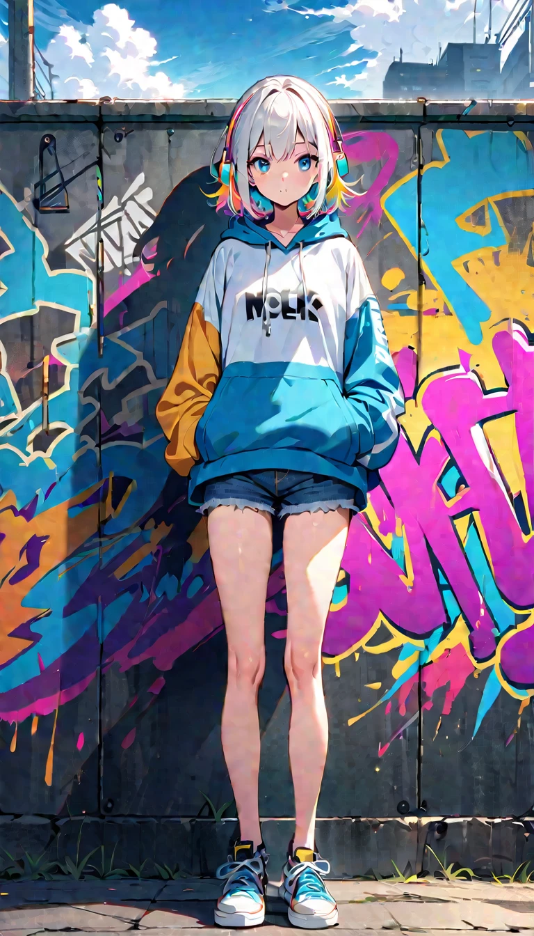 HD 8k Handsome cute, Solitary, 1 female, Medium Length Hair, white hair, Rainbow hair, blue Eyes, Rainbow headphone, hoodie, colored hoodie, denim shorts, sneakers, Human focus, outdoor, blue sky, White clouds, graffiti wall,