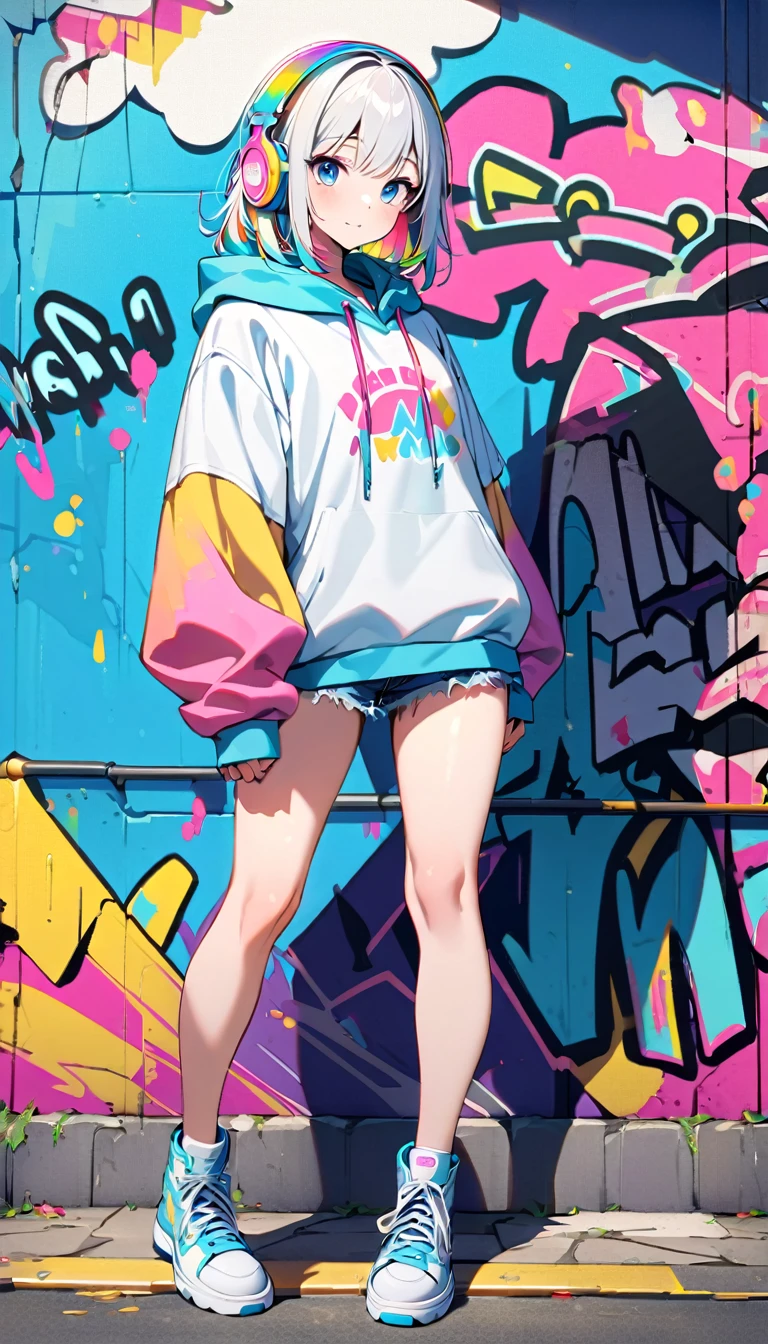 HD 8k Handsome cute, Solitary, 1 female, Medium Length Hair, white hair, Rainbow hair, blue Eyes, Rainbow headphone, hoodie, colored hoodie, denim shorts, sneakers, Human focus, outdoor, blue sky, White clouds, graffiti wall,