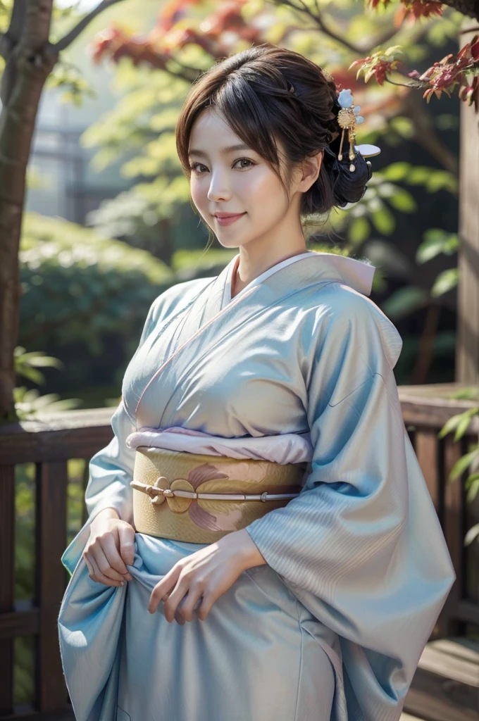 (masterpiece, highest quality, Realistic, High resolution, photograph, :1.3), Sharp focus, 1 Cute Japanese mature woman, 40 years old, Hot Model, gentle face, Highly detailed eyes and pupils, Realistic Skin, ((Voluptuous body)), Neckline, Highly detailed hair, Delicate face, Sensual look, Bright lips, Chubby lips, Natural Lip, big thick thighs, ((kimono:1.5)), ((whole body shot:1.2)), looking at viewer, smile, ((from below)), (((Trendy hairstyles:1.2))), ((hair ornament:1.2)), autumn setting, autumn trees and leaves