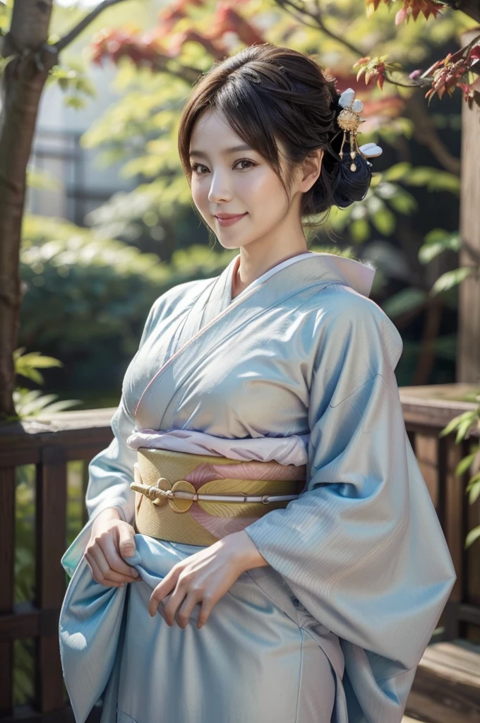 (masterpiece, highest quality, Realistic, High resolution, photograph, :1.3), Sharp focus, 1 Cute Japanese mature woman, 40 years old, Hot Model, gentle face, Highly detailed eyes and pupils, Realistic Skin, ((Voluptuous body)), Neckline, Highly detailed hair, Delicate face, Sensual look, Bright lips, Chubby lips, Natural Lip, big thick thighs, ((kimono:1.5)), ((whole body shot:1.2)), looking at viewer, smile, ((from below)), (((Trendy hairstyles:1.2))), ((hair ornament:1.2)), autumn setting, autumn trees and leaves