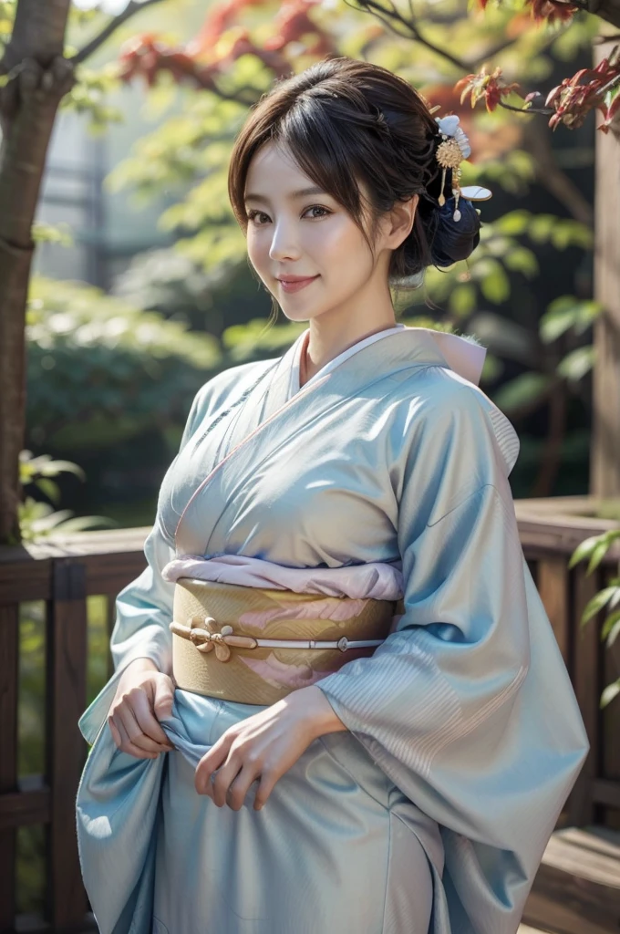 (masterpiece, highest quality, Realistic, High resolution, photograph, :1.3), Sharp focus, 1 Cute Japanese mature woman, 40 years old, Hot Model, gentle face, Highly detailed eyes and pupils, Realistic Skin, ((Voluptuous body)), Neckline, Highly detailed hair, Delicate face, Sensual look, Bright lips, Chubby lips, Natural Lip, big thick thighs, ((kimono:1.5)), ((whole body shot:1.2)), looking at viewer, smile, ((from below)), (((Trendy hairstyles:1.2))), ((hair ornament:1.2)), autumn setting, autumn trees and leaves