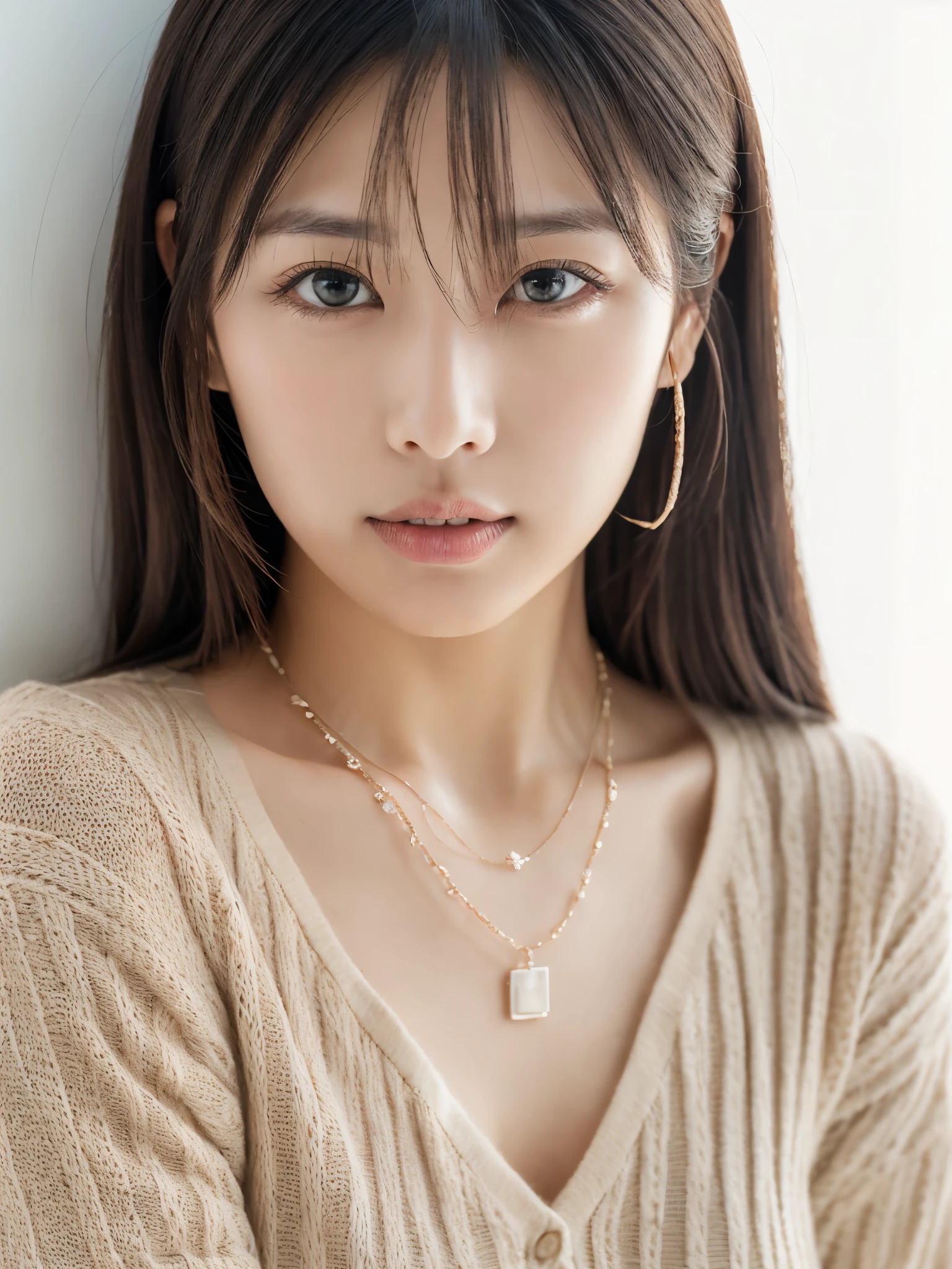 (Tabletop,Highest quality)), (Like the picture:1.4),(((Tabletop,8K)),White wall,(White Room),((Full body photo))),Photographed in natural light,Highly detailed face and skin texture,Highly detailed lips,The correct state of the human body,Ultra-high resolution,(Photorealistic:1.4),Highest quality, One beautiful woman, 38 years old, s, 60mm lens, light beige knit,(Medium Hair),Japanese women,(Black Hair),Various poses,Looking into the camera,Natural lip color, necklace