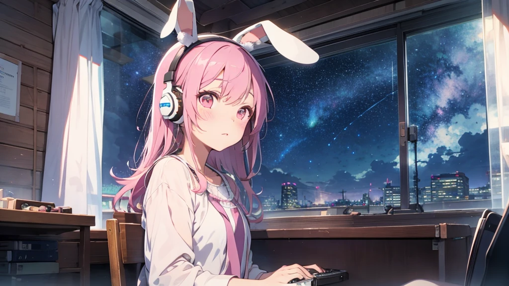 Highest quality, pretty girl, pastel colour, Fluffy bunny ears, Pink long hair,Pale pink eyes,You can see the starry sky from the window,Chill Pop,Lo-Fi,Wearing pink headphones